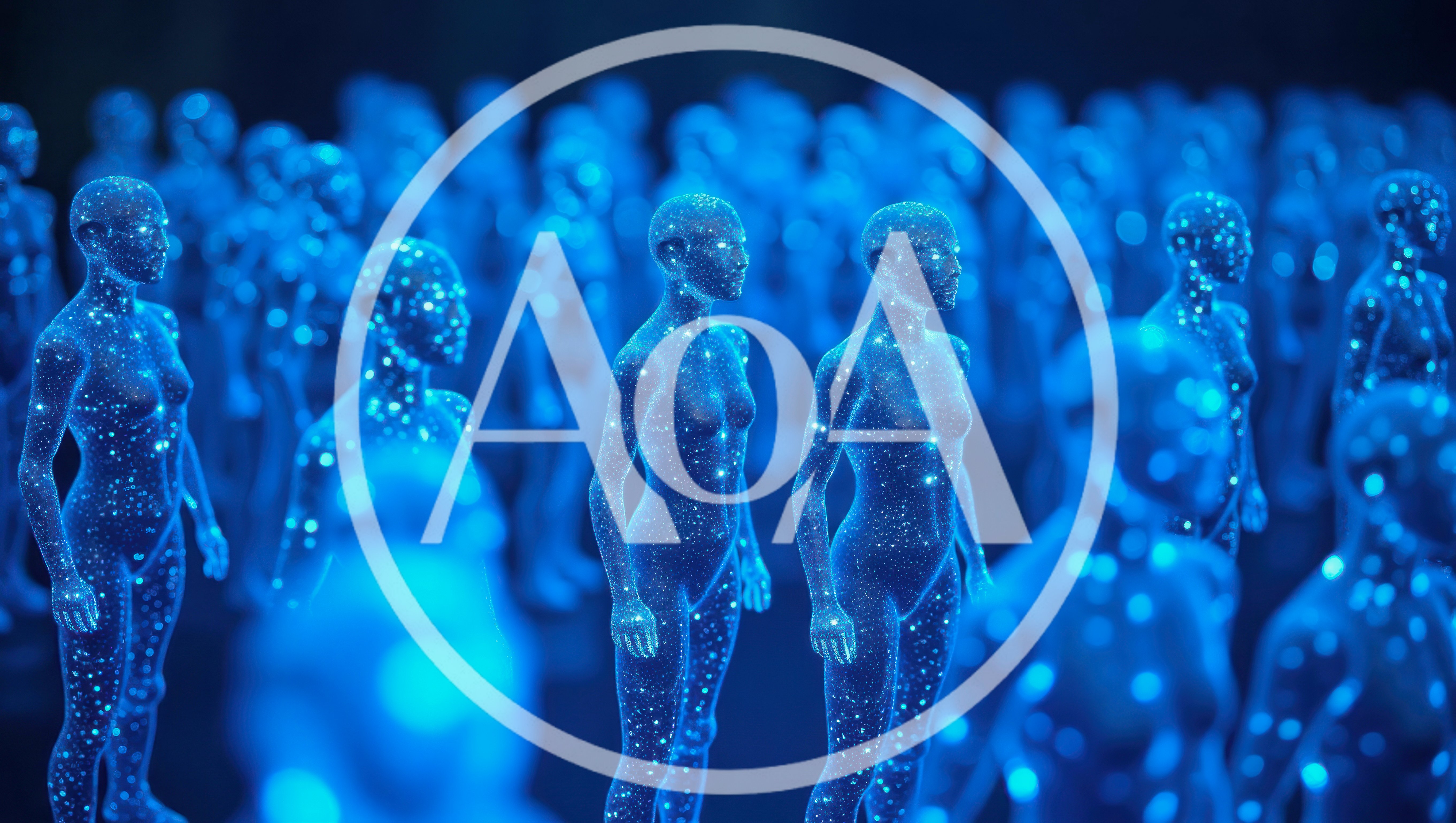 Digital Humanoid Figures Standing In A Virtual Grid