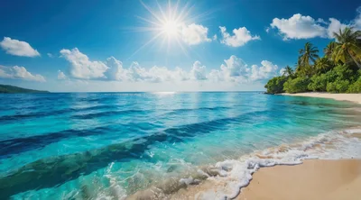 Tropical Beach Landscape With Turquoise Water And Palm Trees