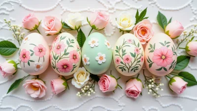 Easter Eggs Decorated With Floral Patterns And Roses