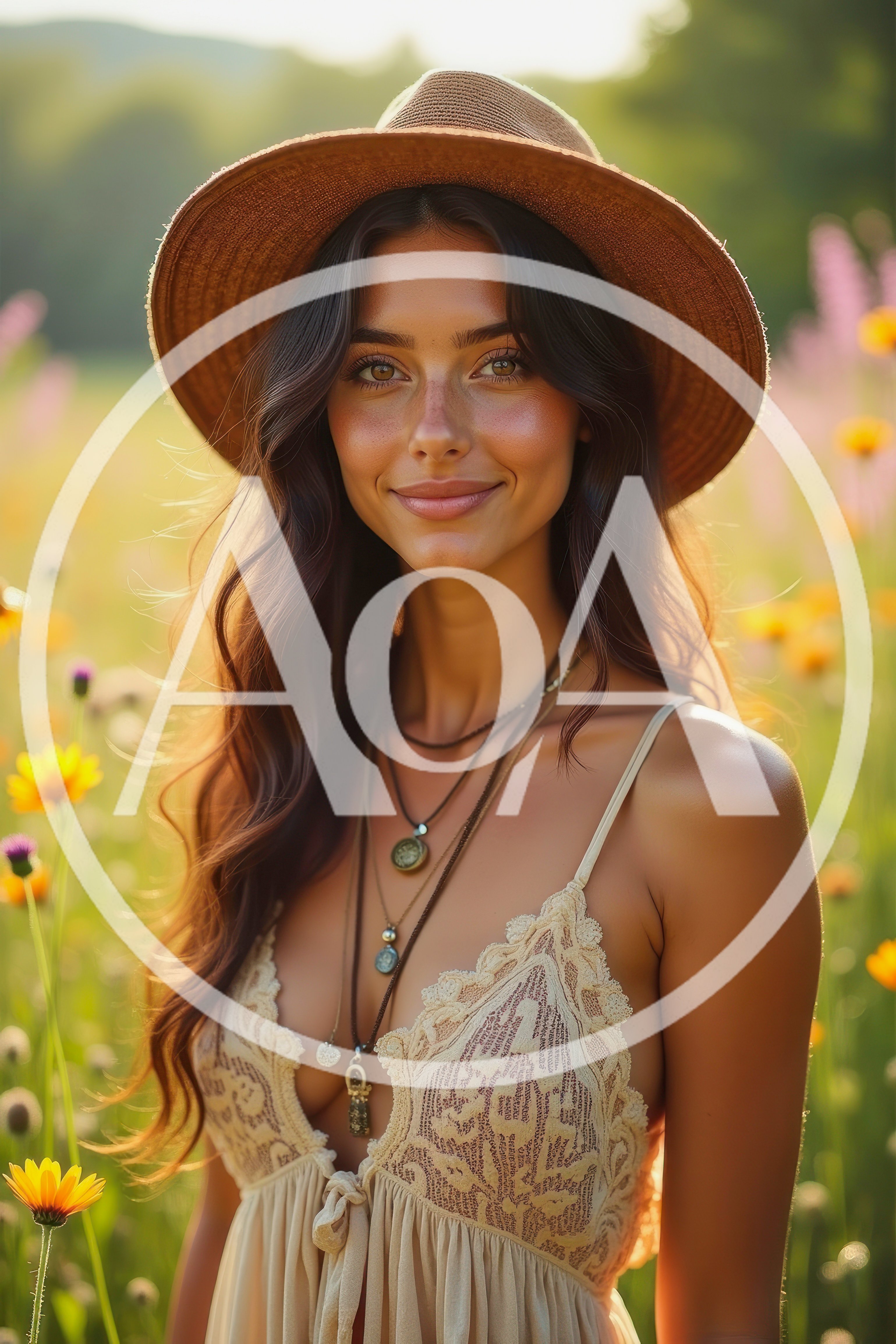 Young Woman Wearing A Sun Hat In A Wildflower Meadow