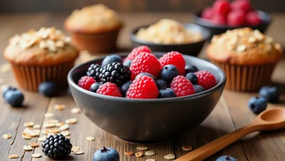 Fresh Berries and Muffins on Rustic Wooden Table
