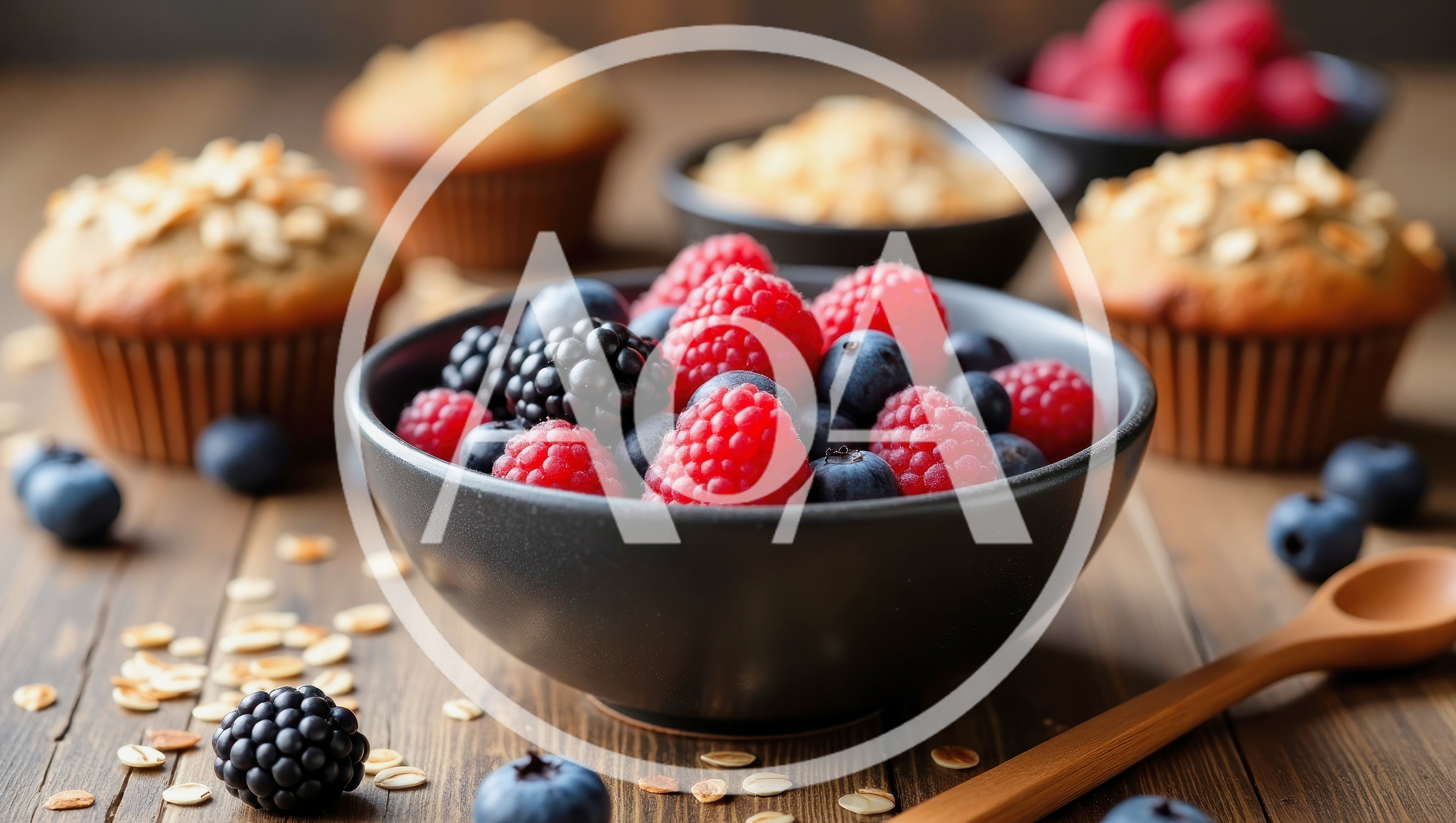 Fresh Berries and Muffins on Rustic Wooden Table