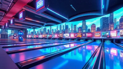 Futuristic Neon Bowling Alley With Cityscape Backdrop