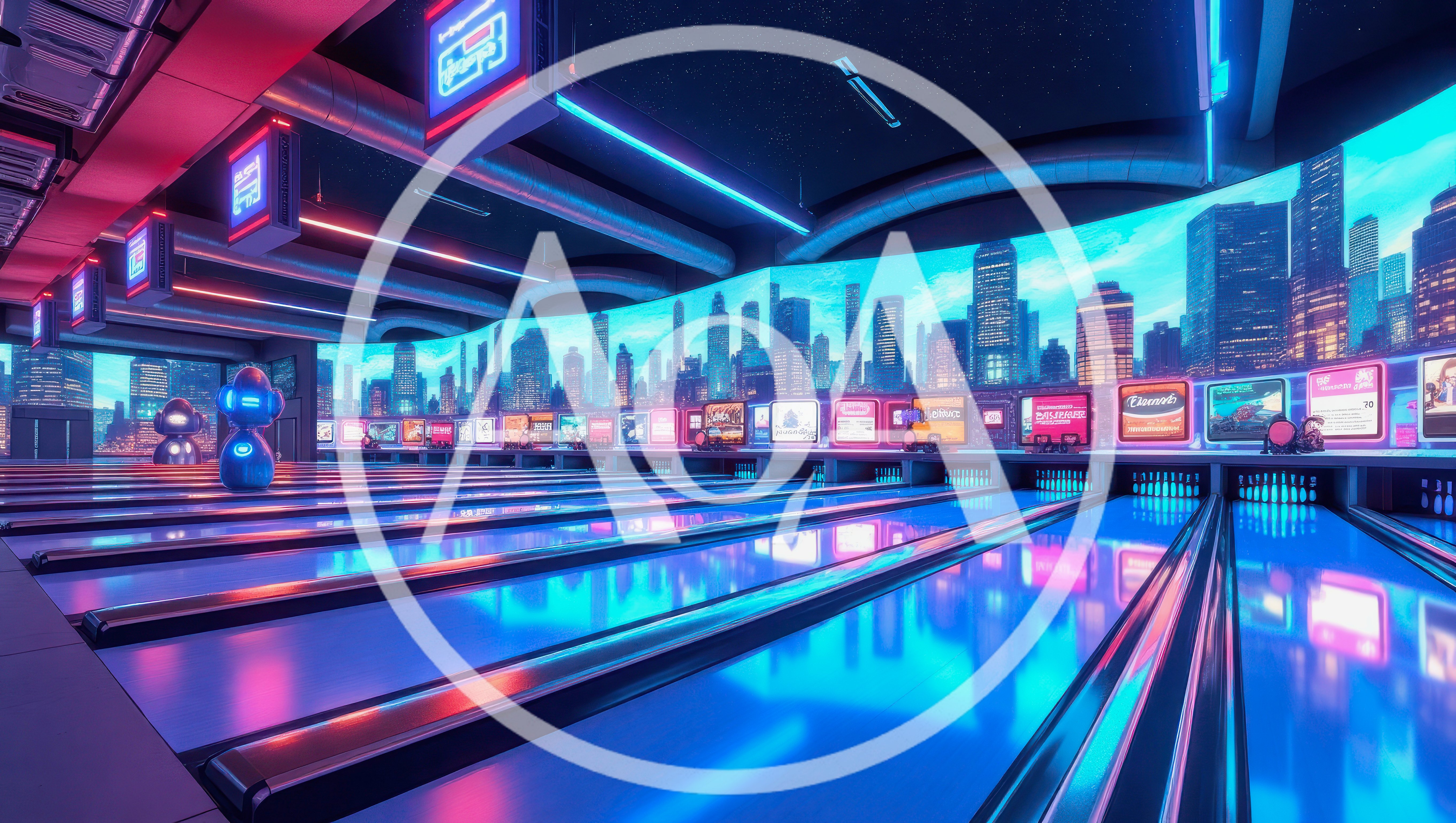 Futuristic Neon Bowling Alley With Cityscape Backdrop