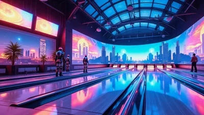 Futuristic Bowling Alley With Cyberpunk Cityscape Projection