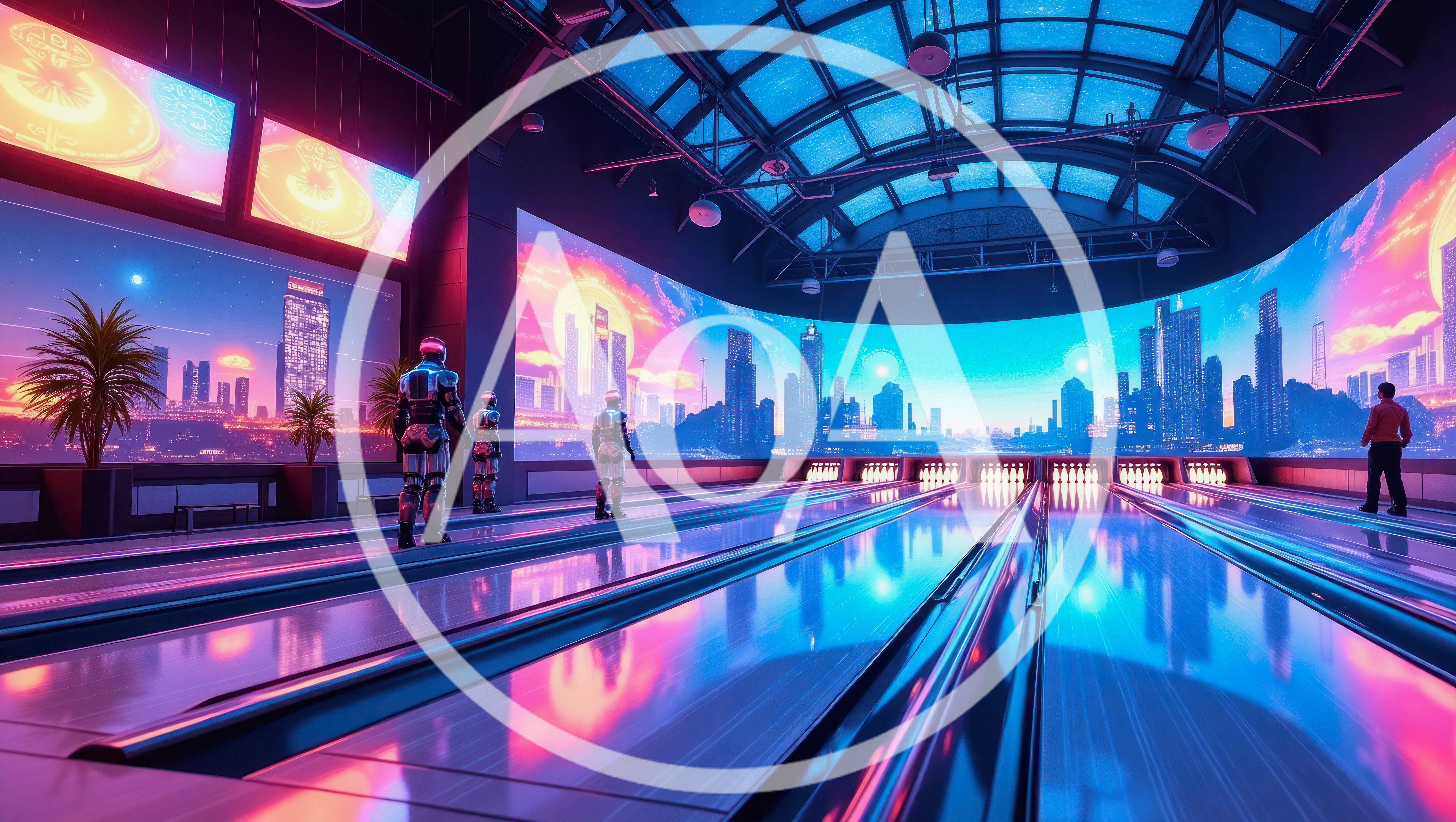 Futuristic Bowling Alley With Cyberpunk Cityscape Projection
