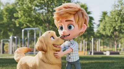 Animated Boy Hugging Golden Retriever Dog In Park