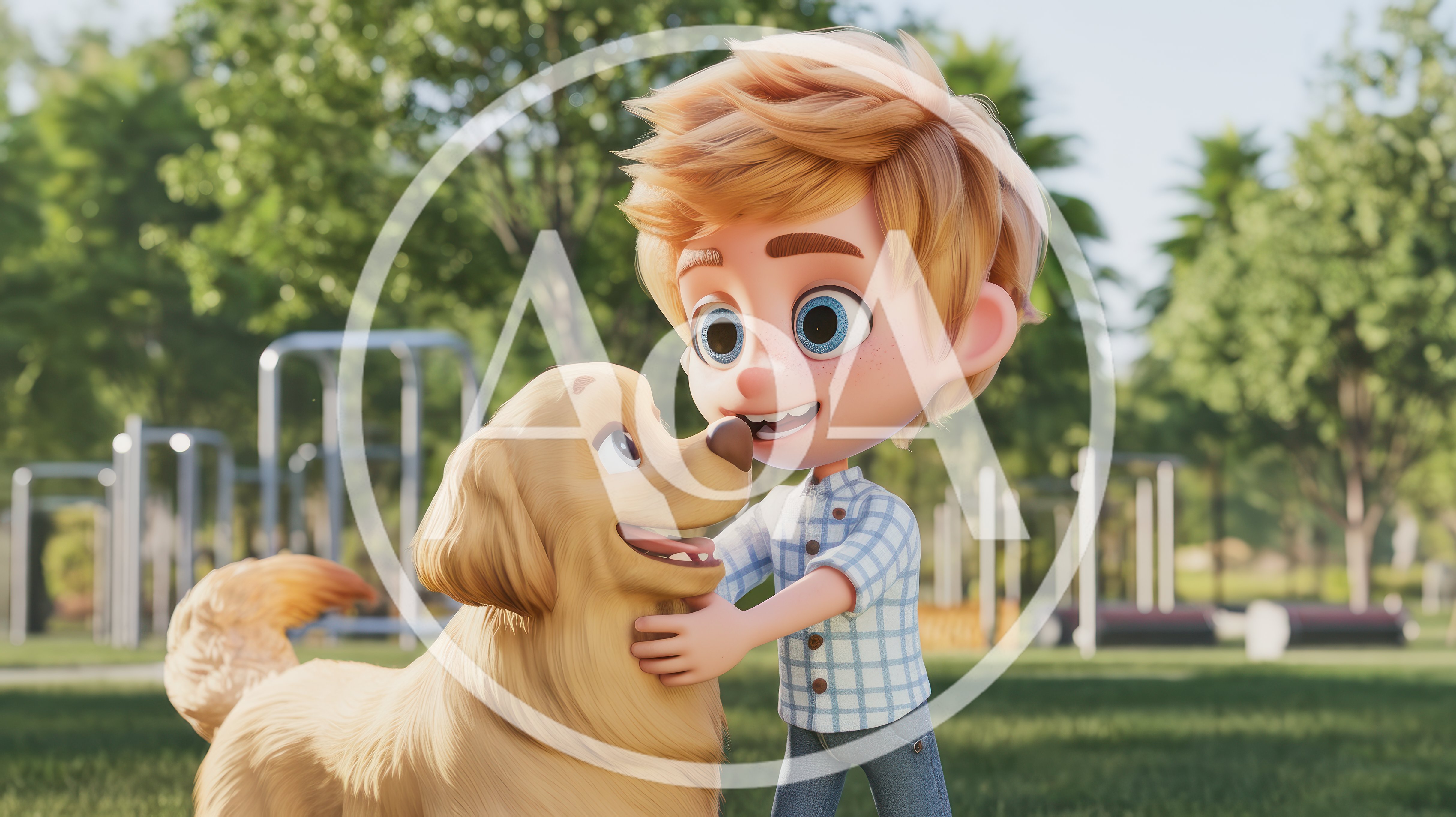 Animated Boy Hugging Golden Retriever Dog In Park