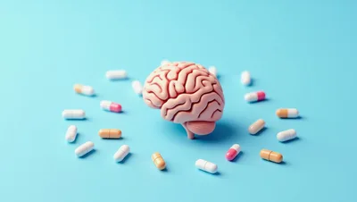 Human Brain Model Surrounded By Various Medical Capsules