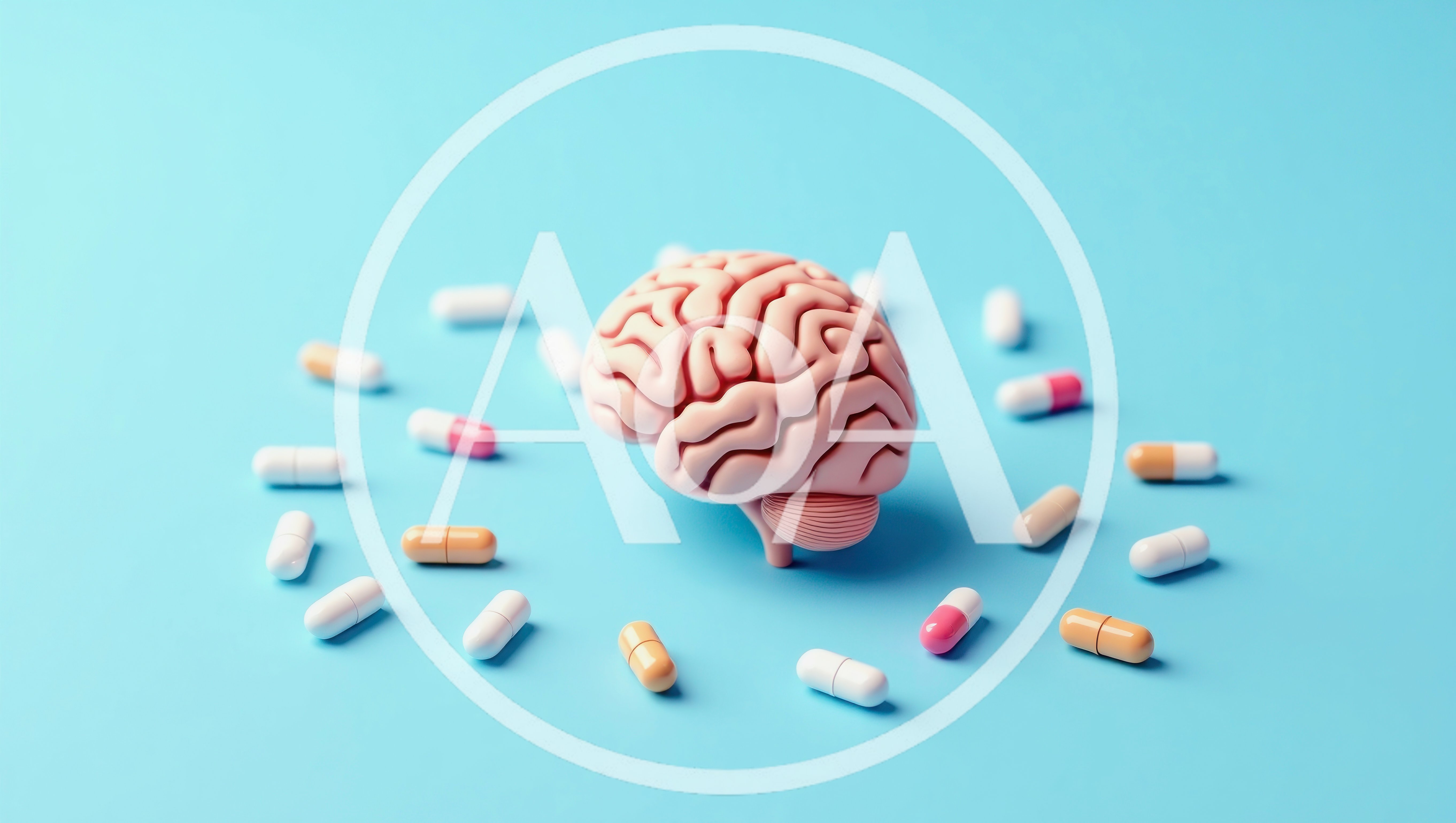 Human Brain Model Surrounded By Various Medical Capsules