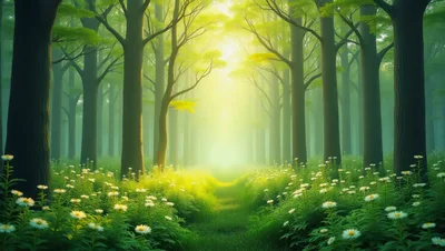 Sunlit Forest Path With Blooming White Wildflowers