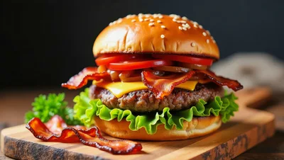 Gourmet Bacon Cheeseburger On A Wooden Cutting Board