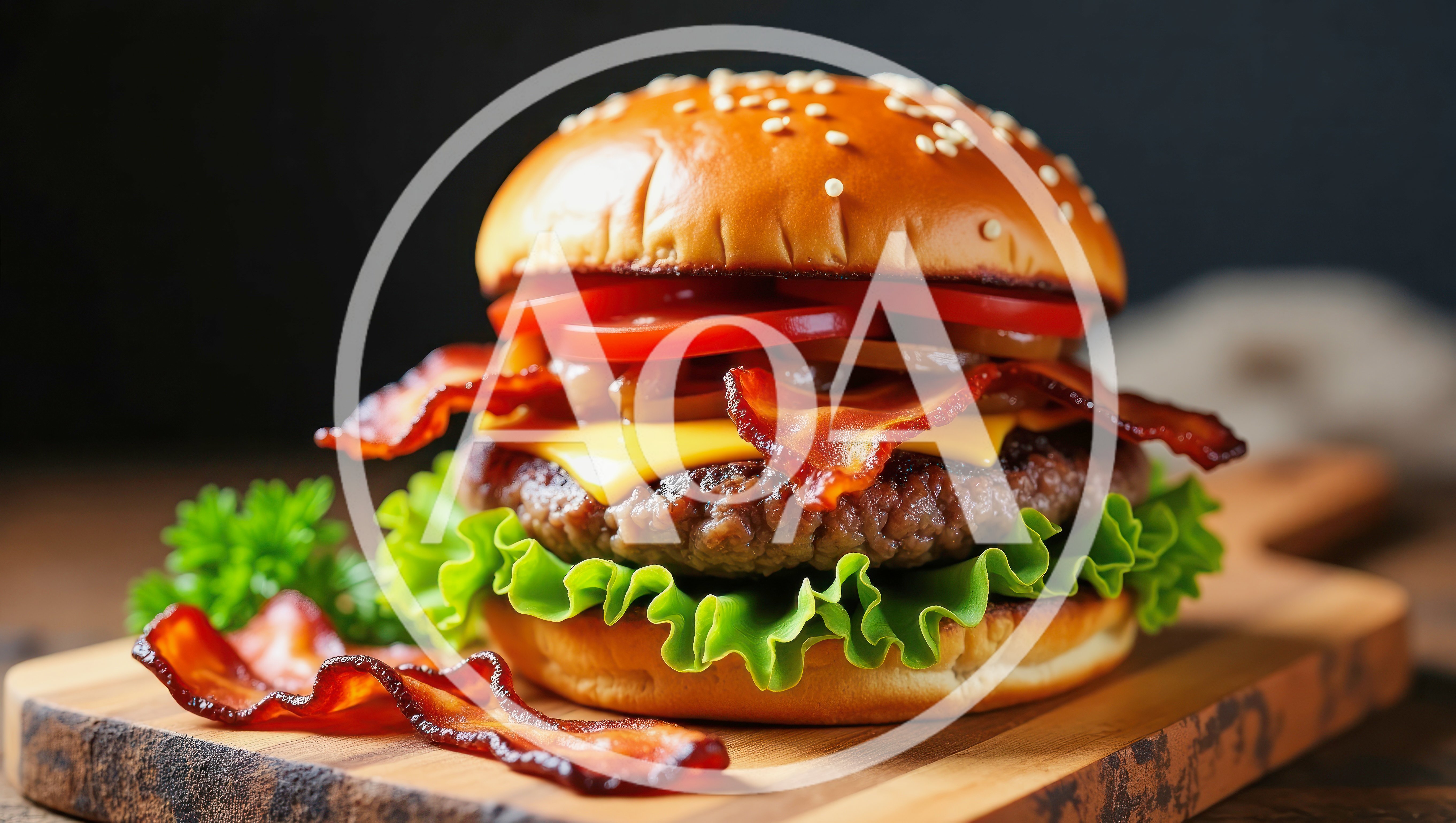 Gourmet Bacon Cheeseburger On A Wooden Cutting Board