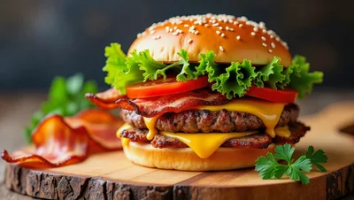 Double Bacon Cheeseburger On A Wooden Serving Board