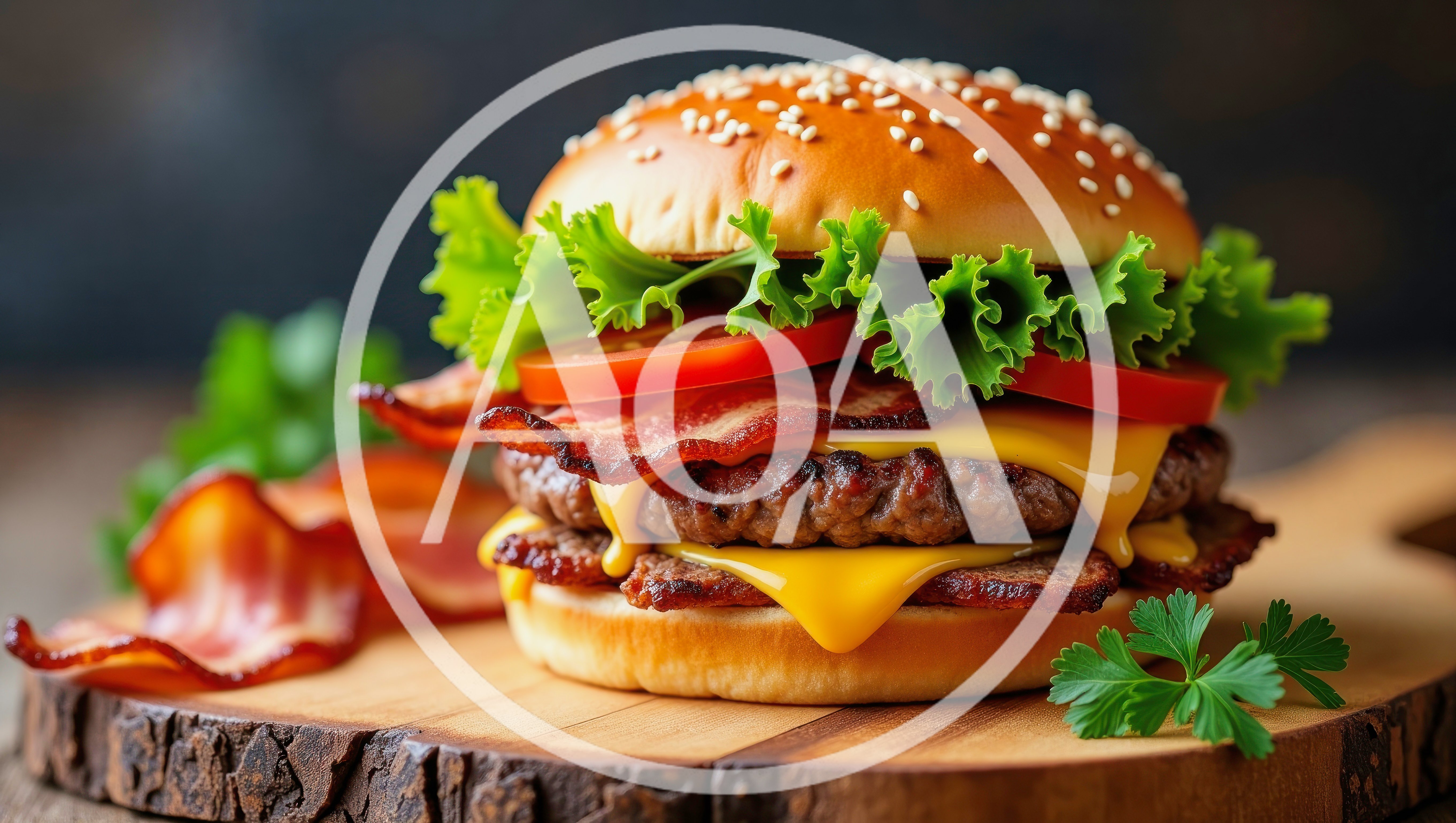 Double Bacon Cheeseburger On A Wooden Serving Board