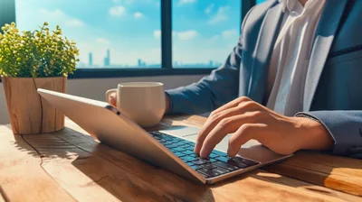 Businessman Typing On Laptop In Sunny Office