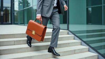 Businessman Walking Down Office Building Stairs With Briefcase