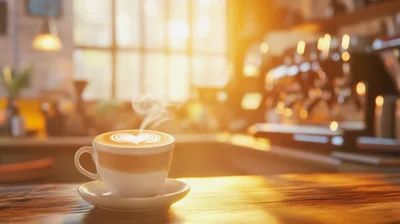 Steaming Cup Of Latte On A Cafe Table