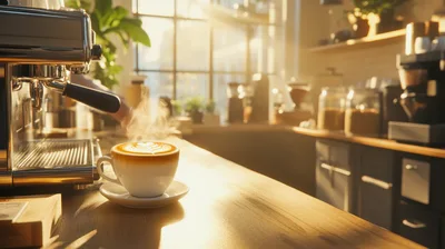 Steaming Latte Cup On A Coffee Shop Counter