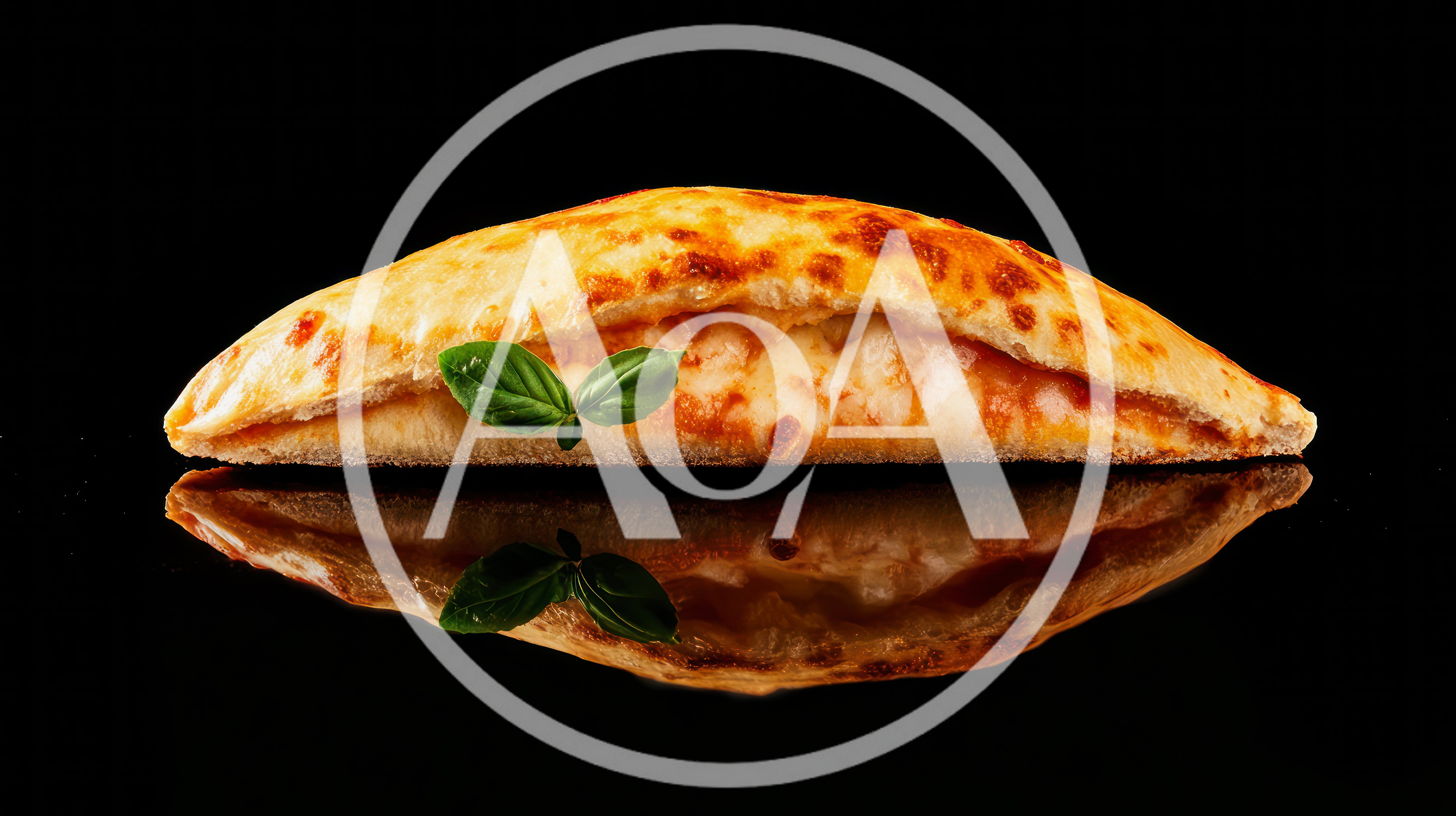 Freshly Baked Calzone Pizza With Basil Garnish