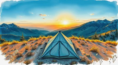 Camping Tent On Mountain Peak At Sunrise