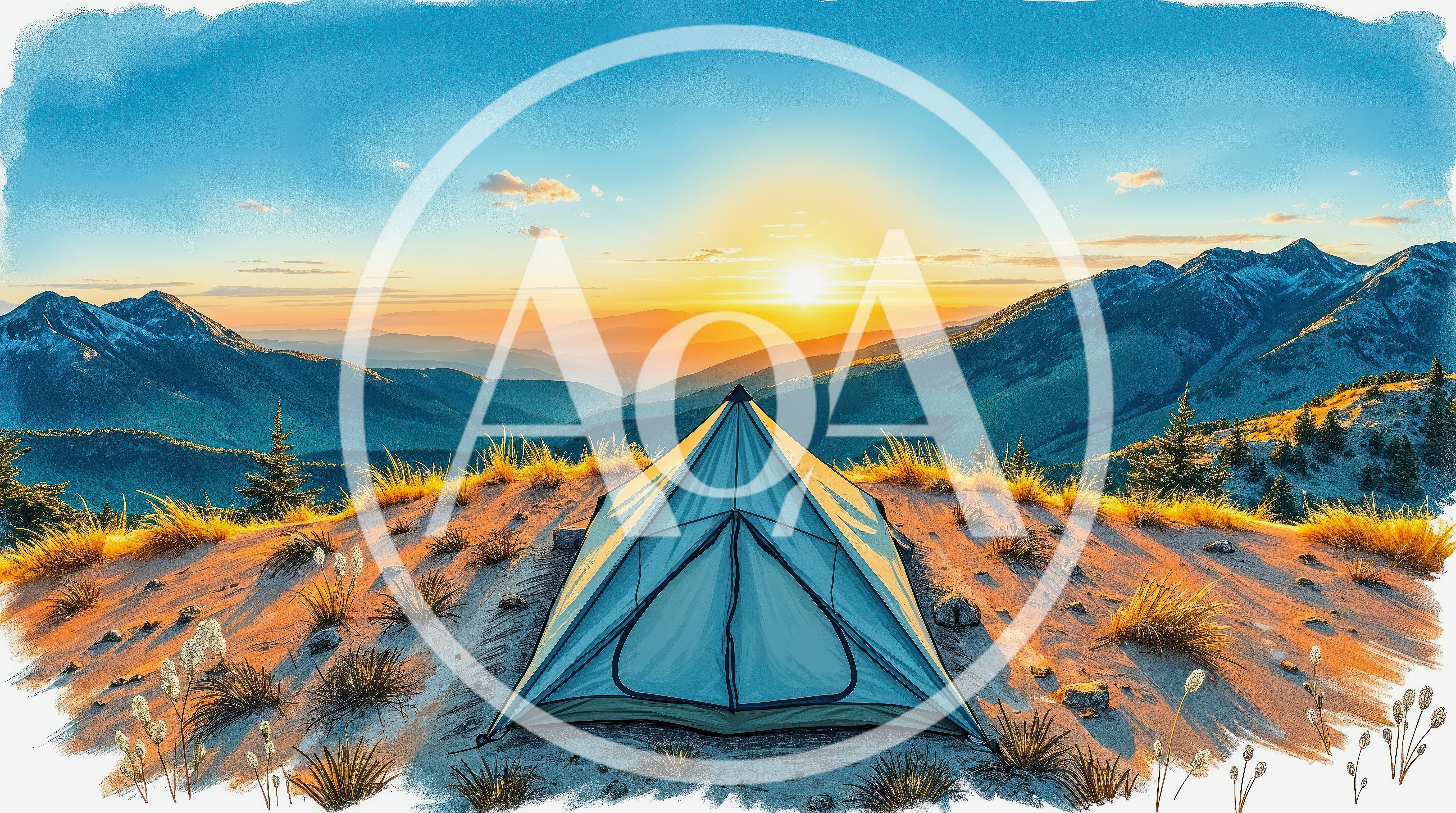 Camping Tent On Mountain Peak At Sunrise