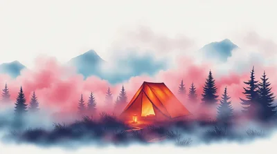 Illuminated Camping Tent In Misty Forest Landscape