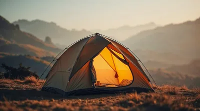 Camping Tent Pitched In Mountain Landscape At Sunset