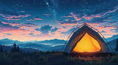 Illuminated Camping Tent Under A Starry Mountain Sky