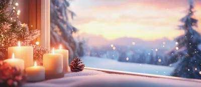 Cozy Winter Window Scene With Candles And Pinecone