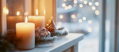 Two Lit Candles On A Snowy Window Sill