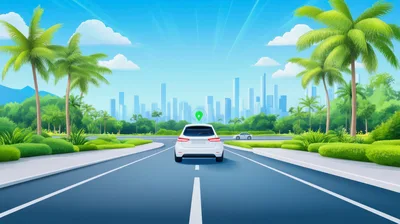 White Car Driving On A Sunny Tropical Road