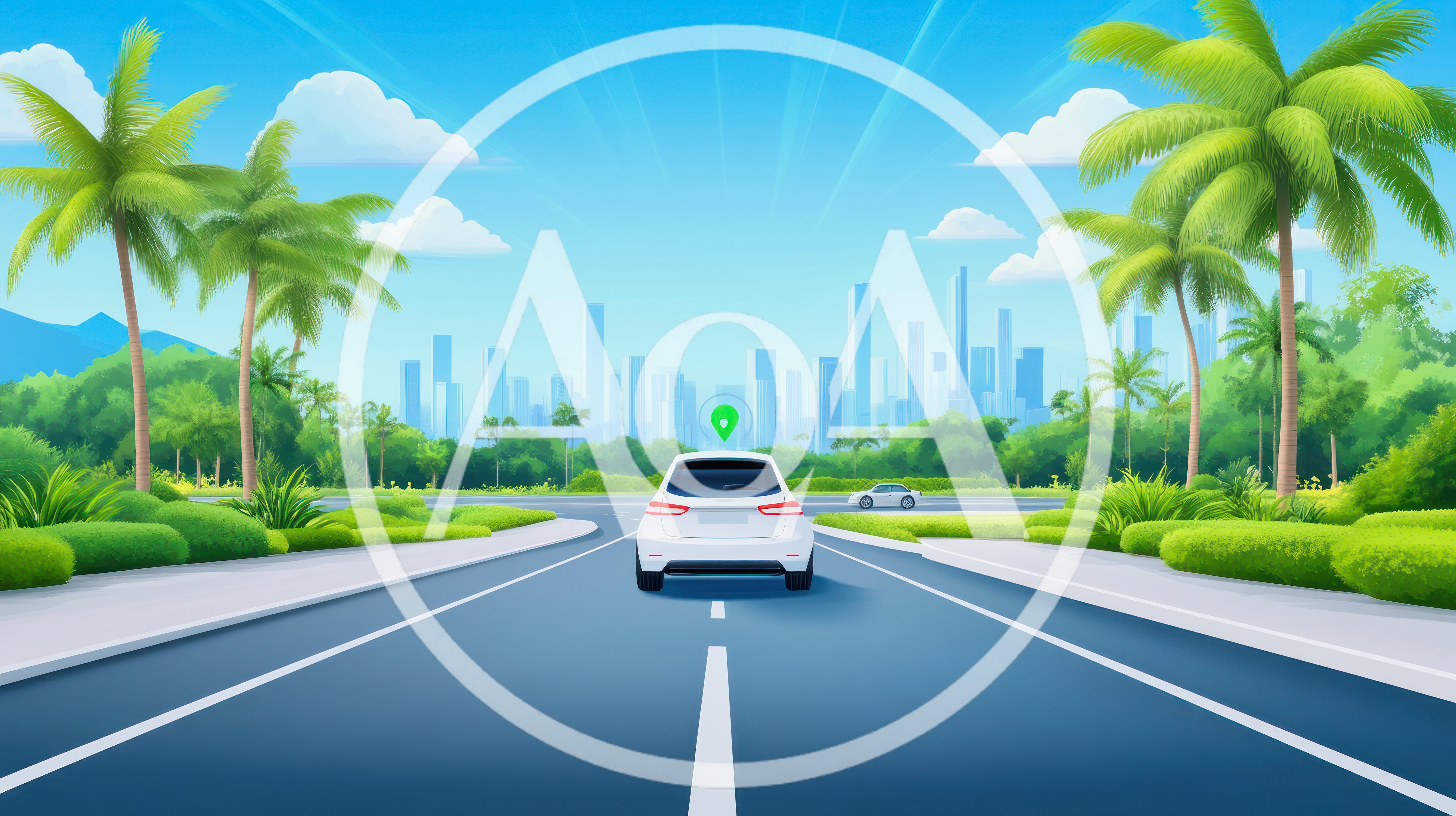 White Car Driving On A Sunny Tropical Road