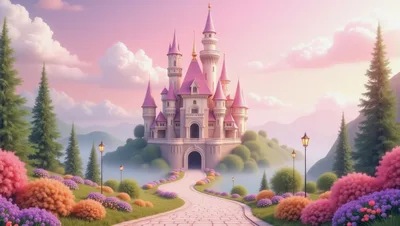 Fairytale Castle With Pink Towers And Stone Path