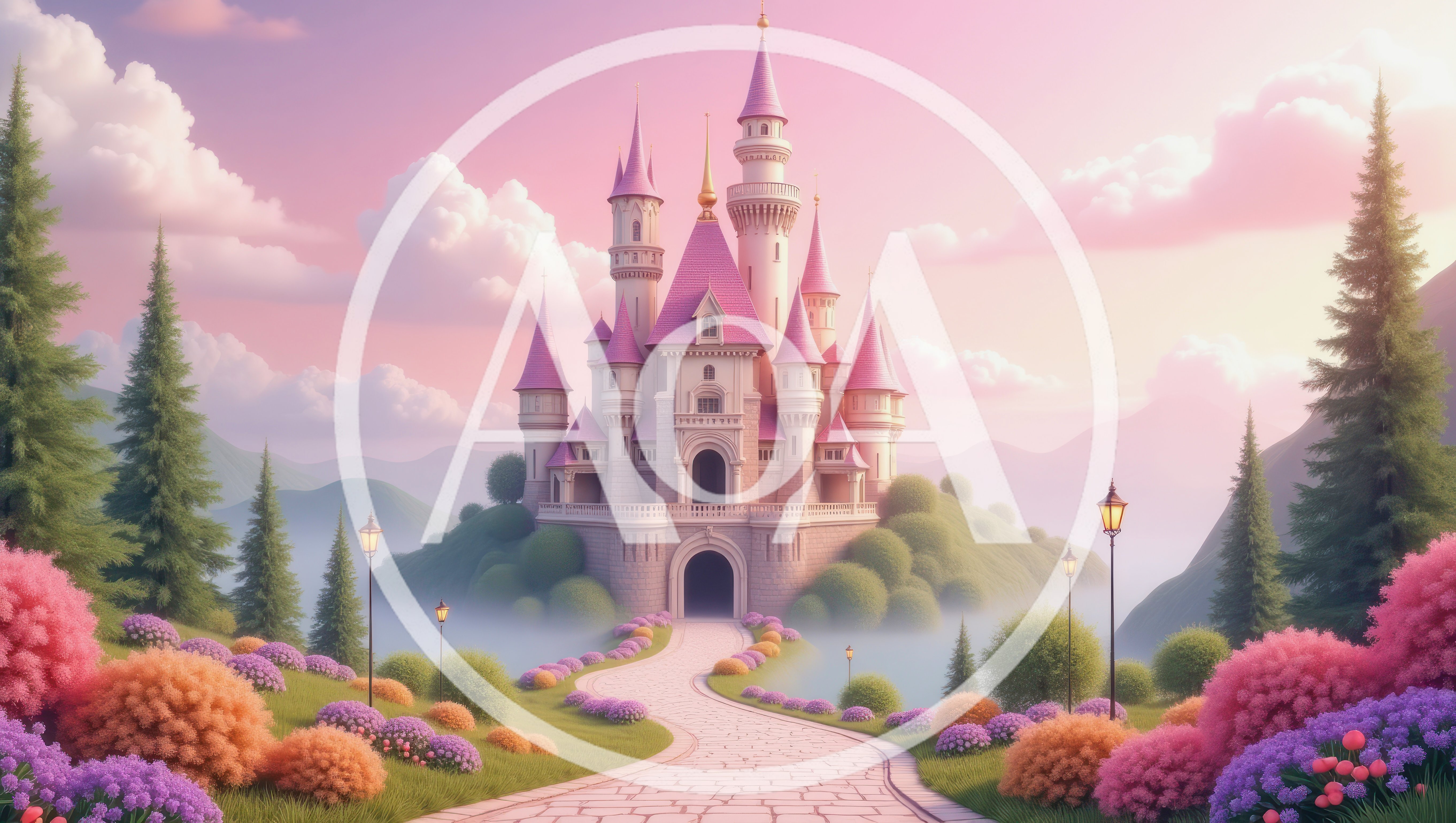 Fairytale Castle With Pink Towers And Stone Path