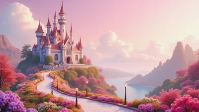 Fairytale Castle With Pink Cherry Blossom Landscape