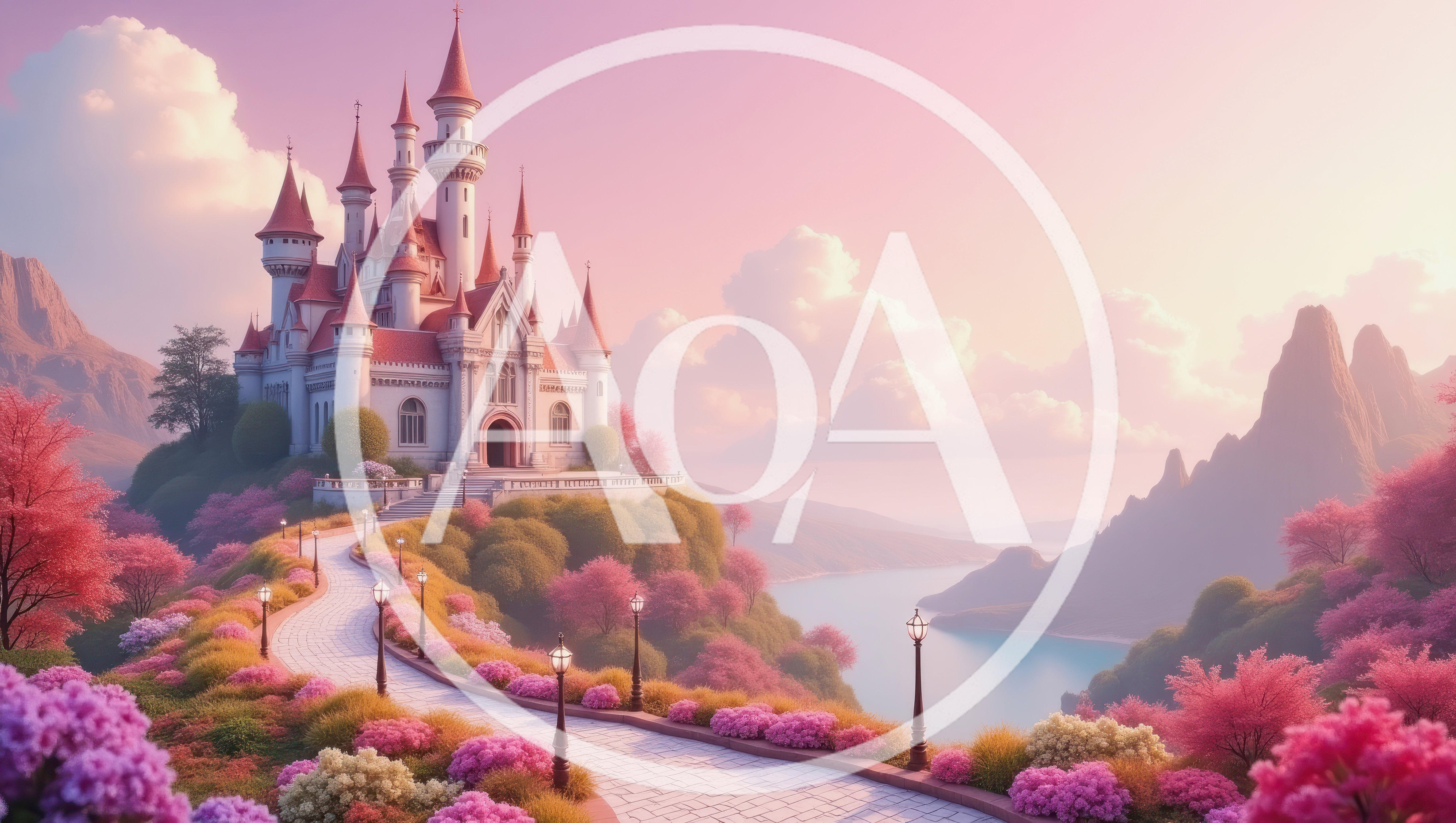 Fairytale Castle With Pink Cherry Blossom Landscape