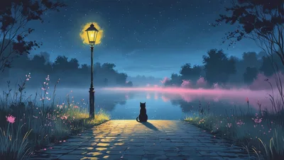 Black Cat Sitting By A Glowing Streetlamp At Night