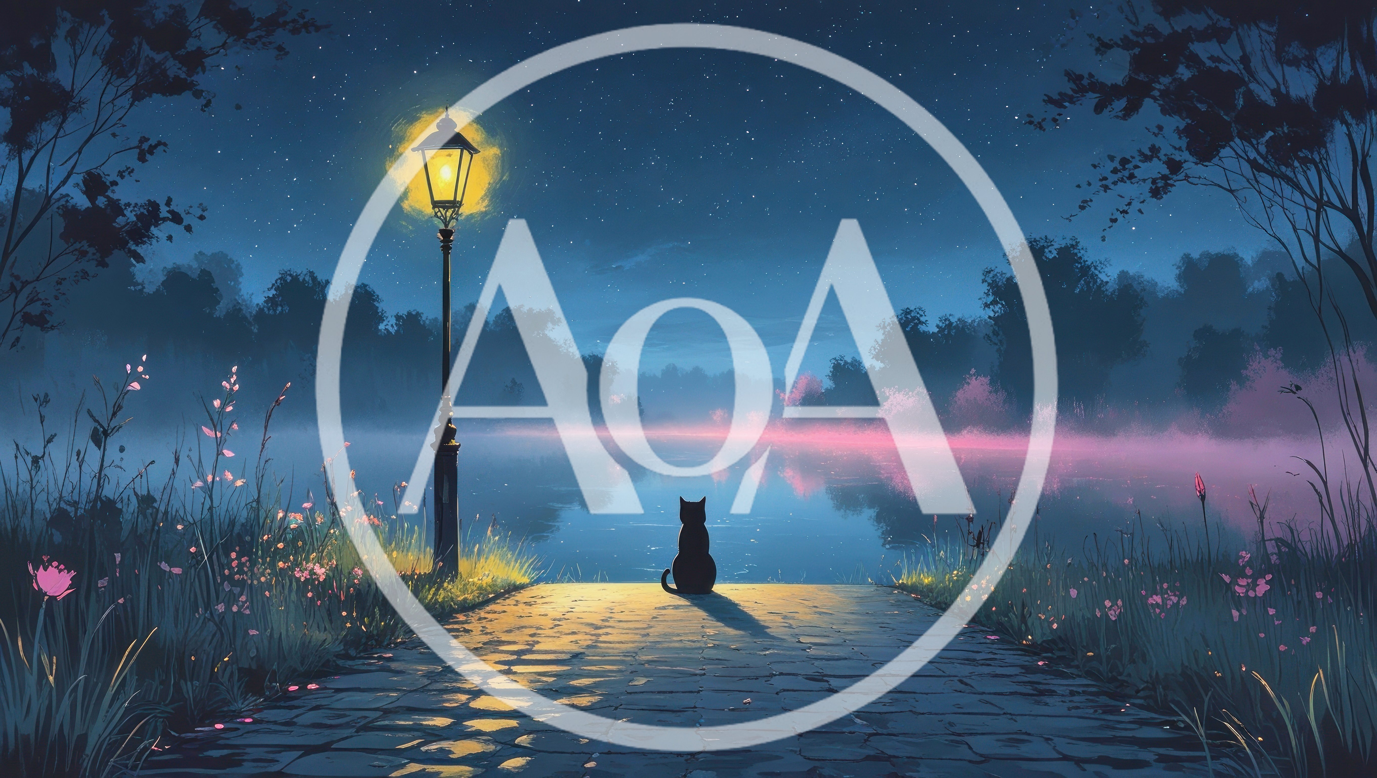 Black Cat Sitting By A Glowing Streetlamp At Night