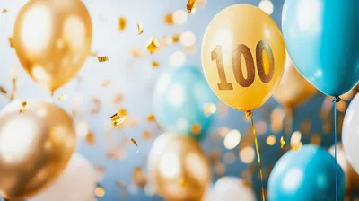 Gold And Blue Balloons With Confetti For 100th Anniversary