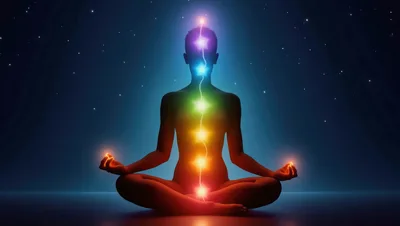 Silhouette Of A Person Meditating With Glowing Chakra Points