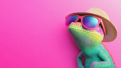 Chameleon Wearing Sunglasses And Straw Hat