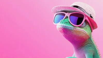 Chameleon Wearing Pink Sunglasses And A Straw Hat
