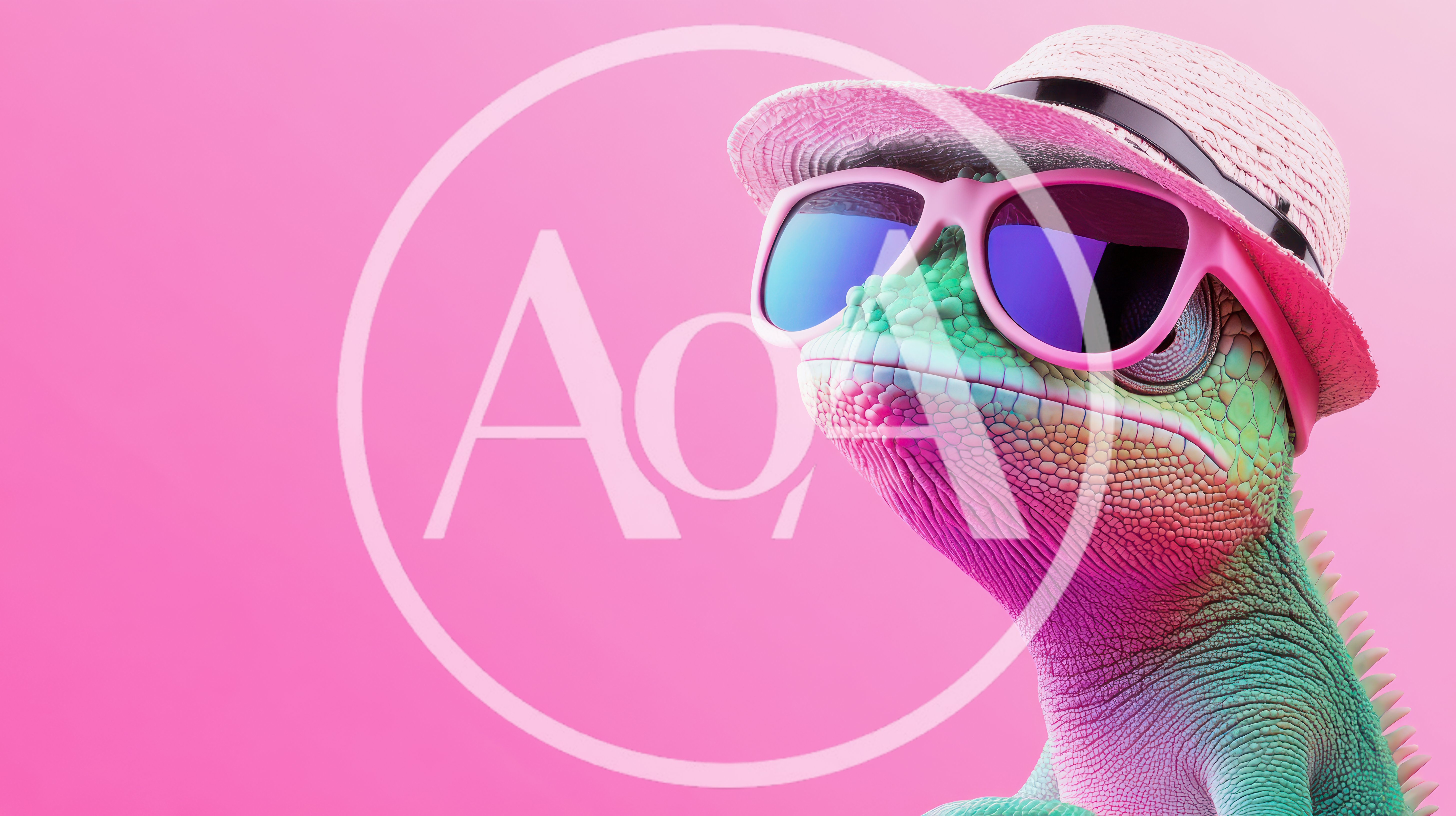 Chameleon Wearing Pink Sunglasses And A Straw Hat