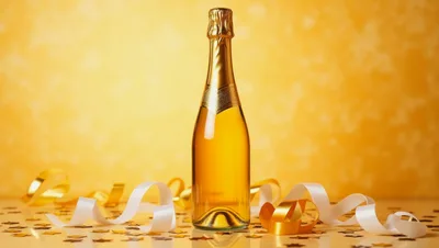 Champagne Bottle With Ribbons And Confetti On Gold Background
