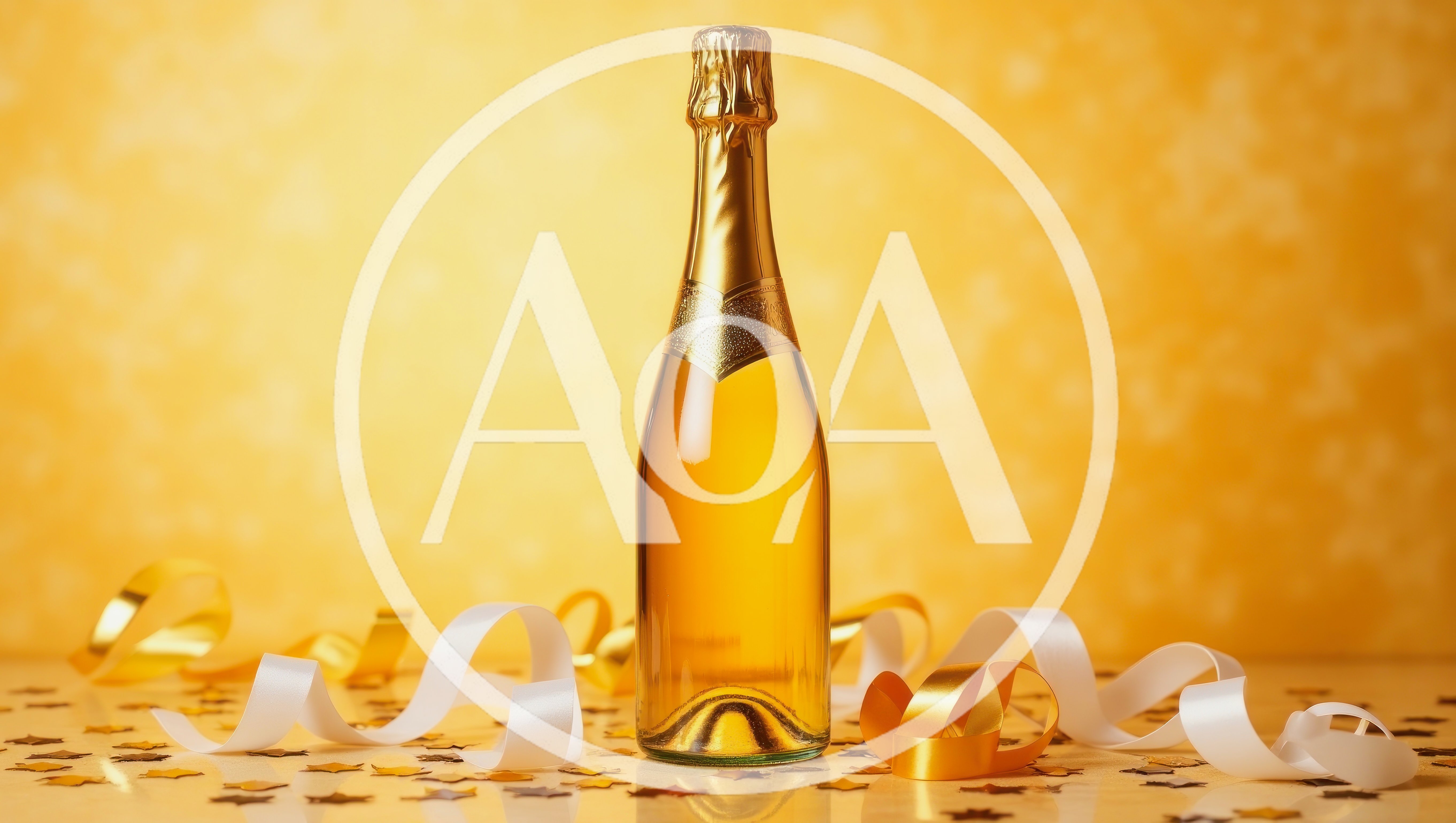 Champagne Bottle With Ribbons And Confetti On Gold Background