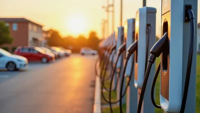 Electric Vehicle Charging Station Row At Sunset