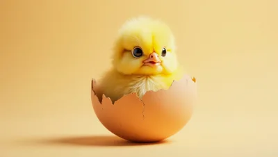 Cute Fluffy Yellow Chick Hatching From An Egg