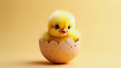 Cute Fluffy Yellow Chick Hatching From A Cracked Egg