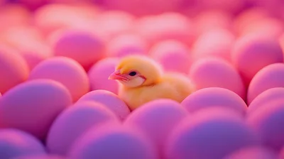 A Fluffy Yellow Chick Among Pink Eggs